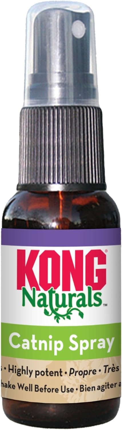 Kong Naturals Catnip Spray in a dark amber spray bottle with a ribbed black cap and a white label featuring red and green branding at Pet Servo
