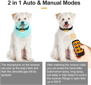 Two dogs wearing electronic collars with a remote control, highlighting 2-in-1 auto and manual modes at Pet Servo