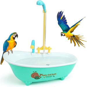 Toy bathtub with toy faucet and two parrots on a white background at Pet Servo