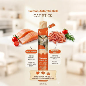 Salmon Antarctic Krill Cat Stick packaging with ingredients and benefits displayed at Pet Servo