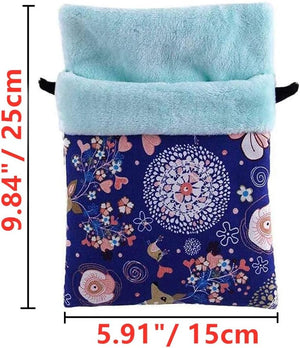 Floral-patterned pouch with blue interior, shown with dimensions at Pet Servo