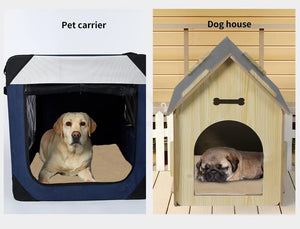 A side-by-side comparison showing two pet shelters: on the left, a black and navy blue collapsible fabric pet carrier with a yellow Labrador inside, labeled 'Pet carrier'; on the right, a light wood house-shaped dog house with a gray roof and a pug sleeping inside, labeled 'Dog house' at Pet Servo