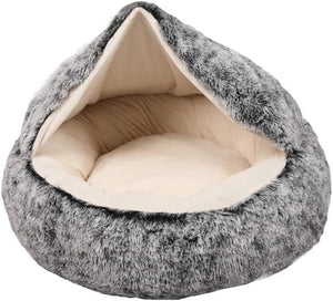 Gray fur pet bed with beige interior on a white background at Pet Servo