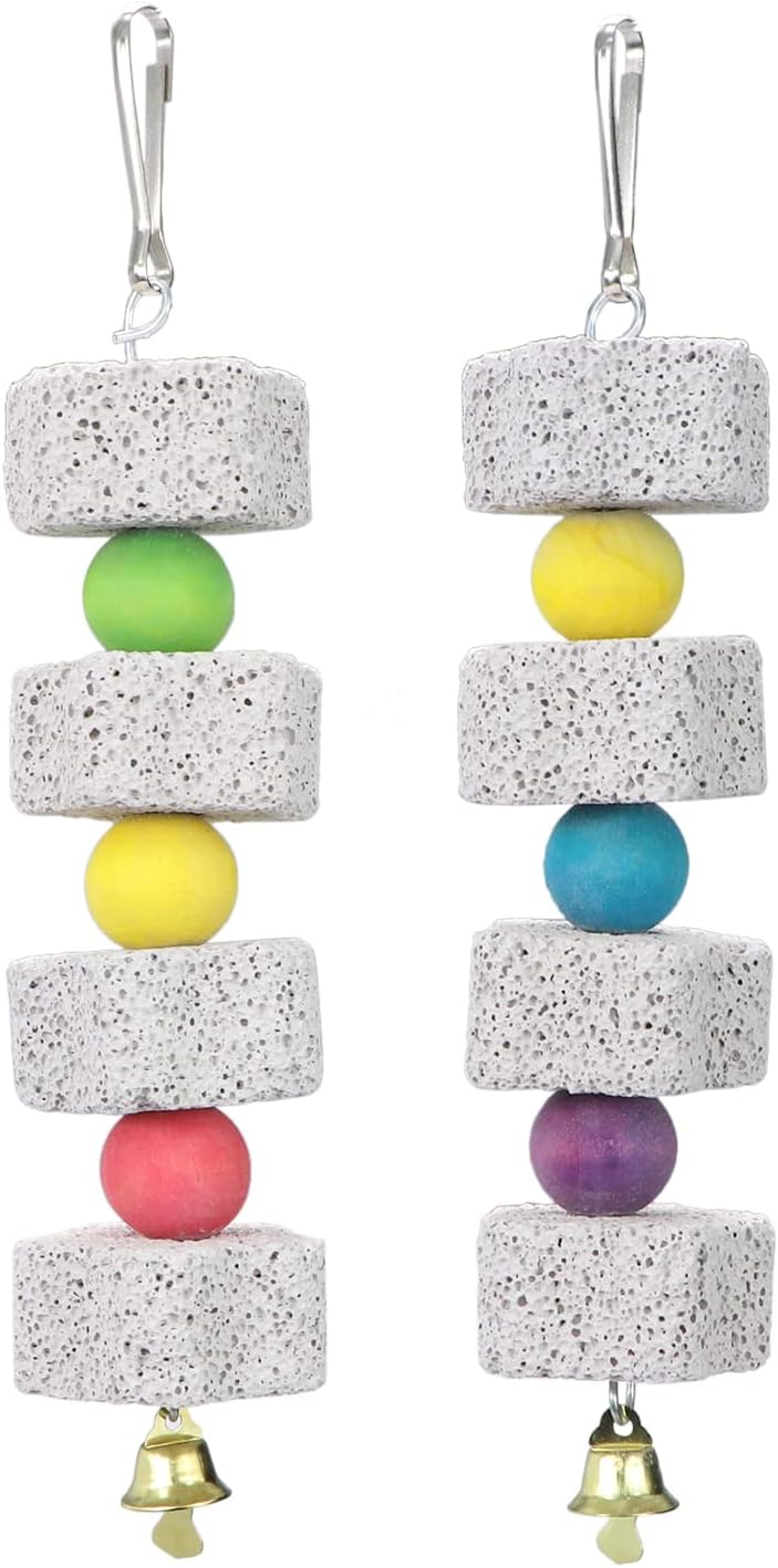 Pair of earrings with stacked colorful beads and speckled gray stones on a white background at Pet Servo