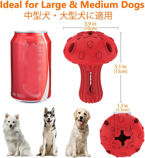 Red dog toy with dimensions compared to a can and dogs, ideal for large and medium-sized dogs at Pet Servo