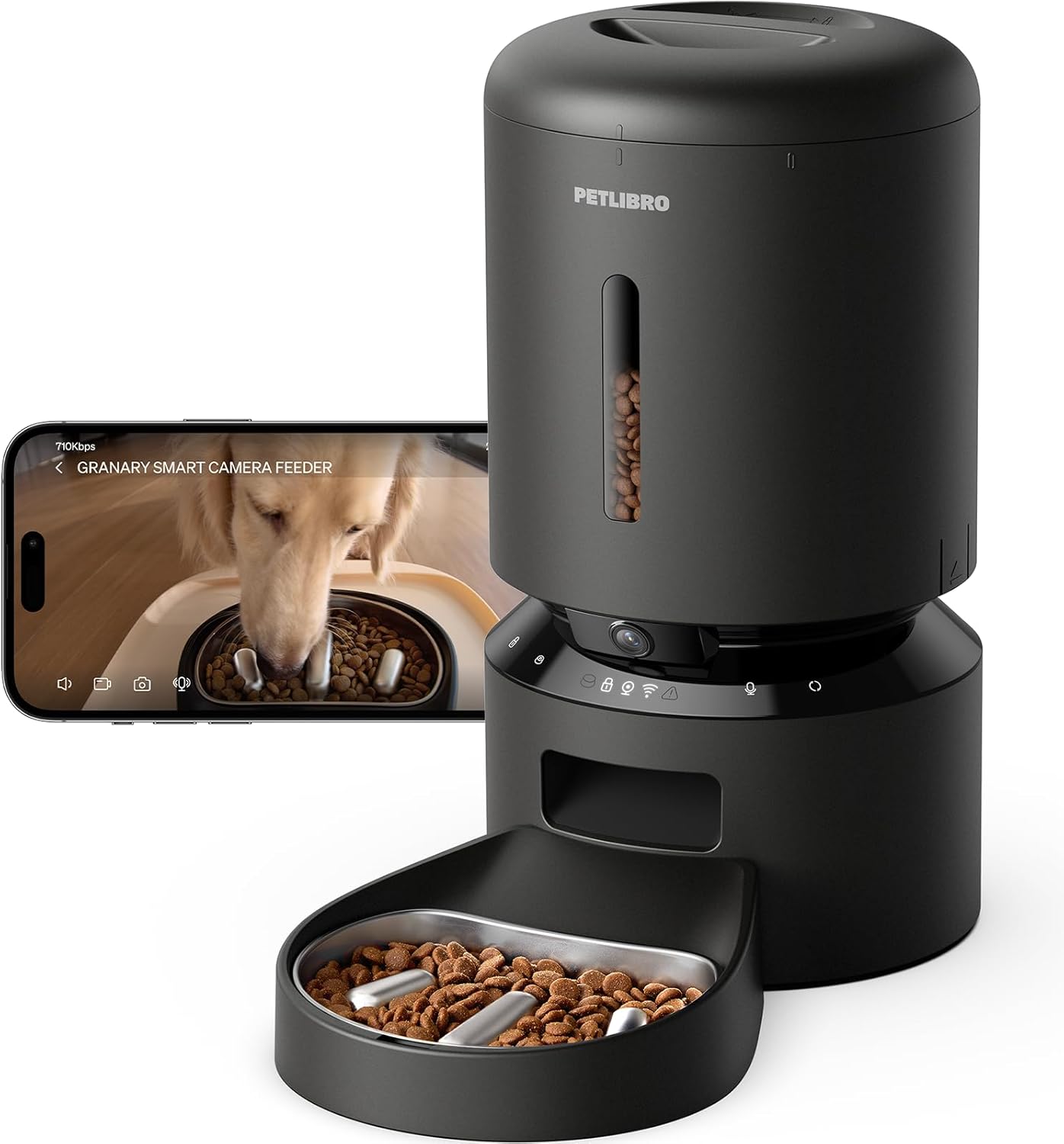 Black PETLIBRO smart pet feeder with smartphone displaying a video of a dog eating.
