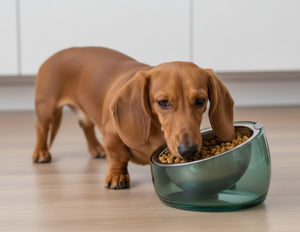 Dog eating from a blue glass bowl on a wooden floor at Pet Servo
