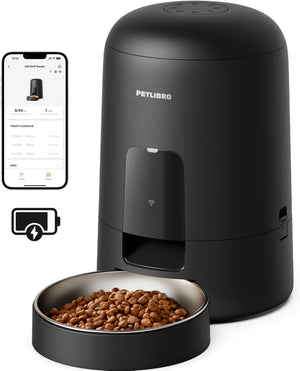 Black pet feeder with a bowl of food and smartphone app interface on a white background at Pet Servo