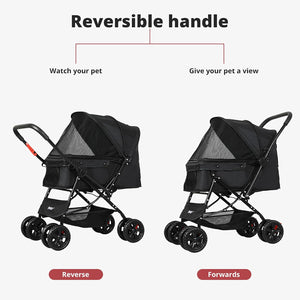 A product infographic showing a black pet stroller in two positions: reverse and forwards, with text explaining the reversible handle feature. The stroller has a black canopy, mesh window, and four black wheels at Pet Servo