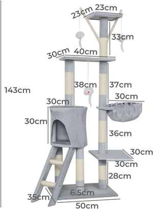 Measurement chart of a gray cat tree with dimensions labeled at Pet Servo