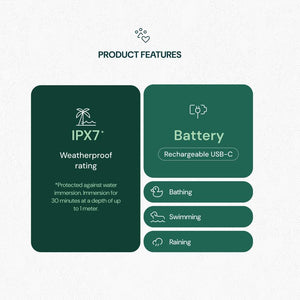 Product features including IPX7 weatherproof rating and rechargeable USB-C battery on a white background at Pet Servo