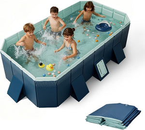 A foldable children's pool with four children playing in the water, shown on a white background with a folded set of pool liners in the lower right corner.