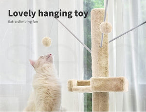 A fluffy cream-colored cat sits and looks up at a beige hanging cat tree toy with pom-pom balls in a bright room with sheer curtains. Text on the image reads 'Lovely hanging toy' and 'Extra climbing fun' at Pet Servo