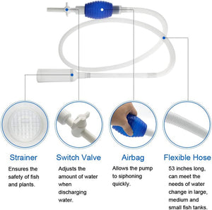Fish tank cleaning pump with labeled parts on a white background at Pet Servo
