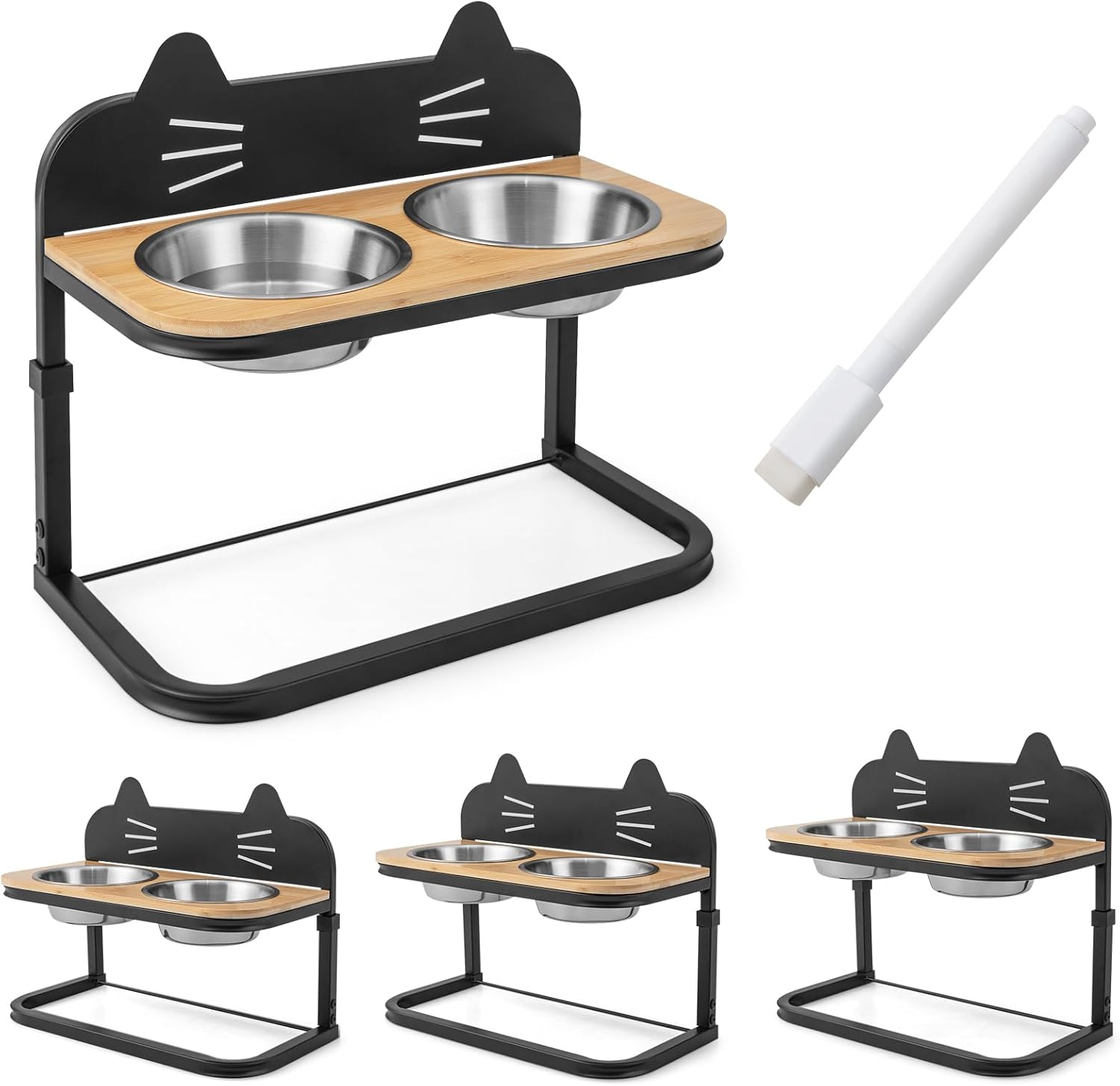 Costway - Bamboo Elevated Cat Feeder Adjustable Raised Kitten Bowls Stand Pet Feeder w/2 Detachable Bowl