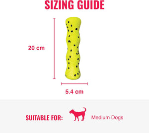 A yellow textured dog toy with black spots is shown on a white background with red measurement lines indicating 20 cm height and 5.4 cm width at Pet Servo