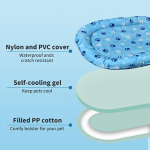 Pet cooling pad with features highlighted on a blue background at Pet Servo