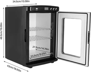 Black countertop glass wine refrigerator with open door, showing interior shelves and overlaid dimension labels and measurements on a white background.