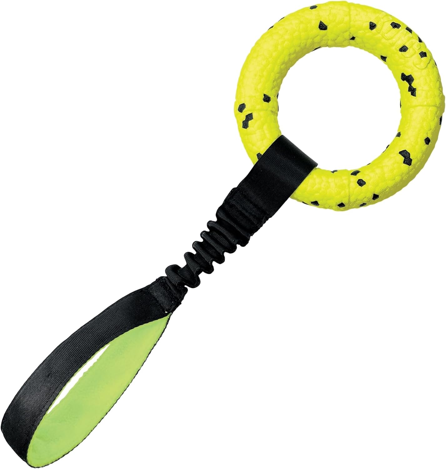 A bright yellow ring-shaped dog toy with black speckles and a black handle, shown on a plain white background at Pet Servo