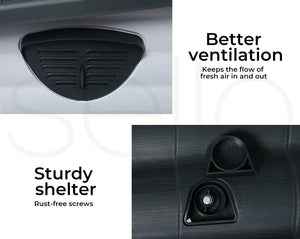 A product feature collage showing a black automotive accessory with two panels: one labeled 'Better ventilation' and 'Sturdy shelter' with 'Rust-free screws.' The top-left panel shows a black vented cover on a light gray surface, and the bottom-right panel shows a close-up of the textured black shelter area at Pet Servo