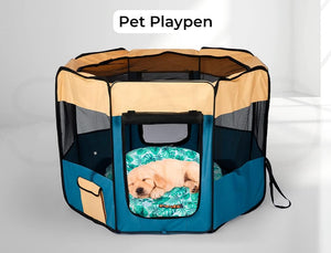 A foldable octagonal pet playpen tent with a tan and teal design, shown with a sleeping puppy inside on a patterned cushion. The text 'Pet Playpen' is displayed at the top at Pet Servo