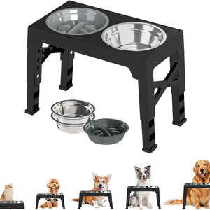 Black elevated pet feeder and water bowl stand with two stainless steel bowls, shown on a white background with small dog and cat photos along the bottom demonstrating use at Pet Servo
