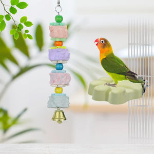 Colorful bird toy with a parrot perched on it, set against a blurred natural background at Pet Servo