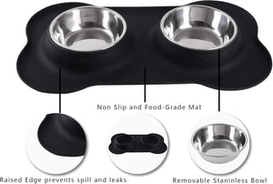Pet feeding station with two stainless steel bowls on a black mat, featuring non-slip and food-grade material at Pet Servo