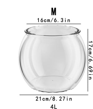Clear glass fishbowl with dimensions labeled on a white background at Pet Servo