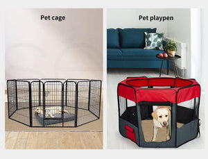 A split comparison showing two pet enclosure products: on the left, a black metal pet cage with a small dog inside on a wood floor; on the right, a red and black foldable pet playpen with a yellow Labrador inside, set in front of a blue sofa in a living room. Text labels read 'Pet cage' and 'Pet playpen' at Pet Servo