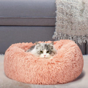 Cat lying on a fluffy pink pet bed in a cozy living room at Pet Servo