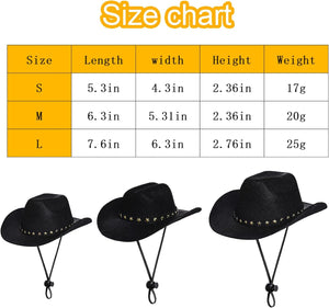 A size chart graphic with a size table for hats and three black cowboy-style hats shown below, each with a black chin strap and a decorative band of small gold stars at Pet Servo