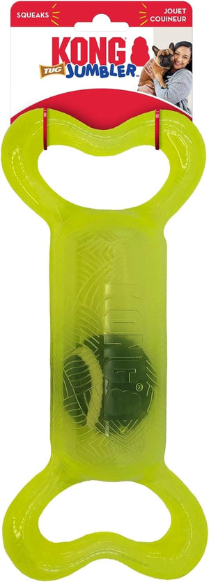 Kong Jumbler toy with packaging and images of a dog and person on a white background at Pet Servo