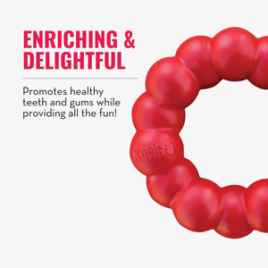 Red KONG dog toy with text about promoting healthy teeth and gums on a white background at Pet Servo