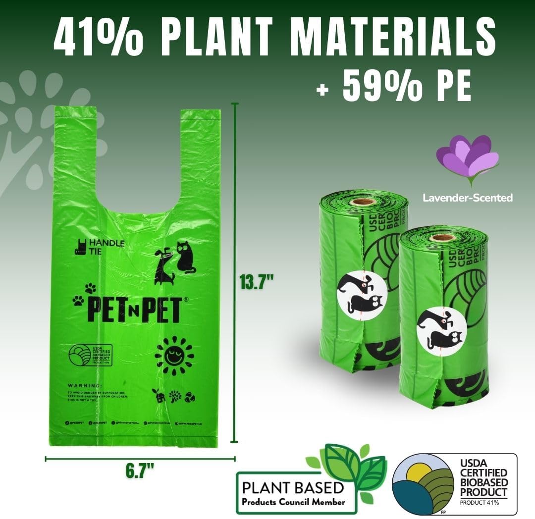 PET N PET - Dog Poop Bags with Tie Handles on Refill Rolls, Plant Based, Lavender Scented