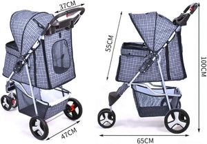 A pet stroller shown from two angles with overlaid dimension arrows and labels: 37CM height, 47CM width, 55CM height, 65CM width, and 100CM overall height. The stroller has a blue-and-white check pattern, a silver frame, black wheels, and mesh side windows on a plain white background at Pet Servo