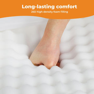 Foot peeking out from under a mattress with 'Long-lasting comfort' text and '25D high-density foam filling' text on an orange background at Pet Servo