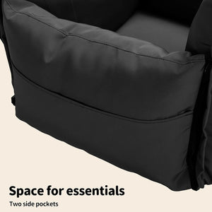 Black side pocket of a bag with text 'Space for essentials Two side pockets' on a beige background at Pet Servo