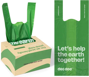 Green plastic poop bags with white printed text, shown both standing in a cardboard dispenser box and as a flat bag. The packaging and bags read 'deco doo' and 'Let's help the earth together!' at Pet Servo