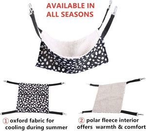 Pet hammock with polka dot and solid fabric options, labeled 'Available in all seasons' at Pet Servo