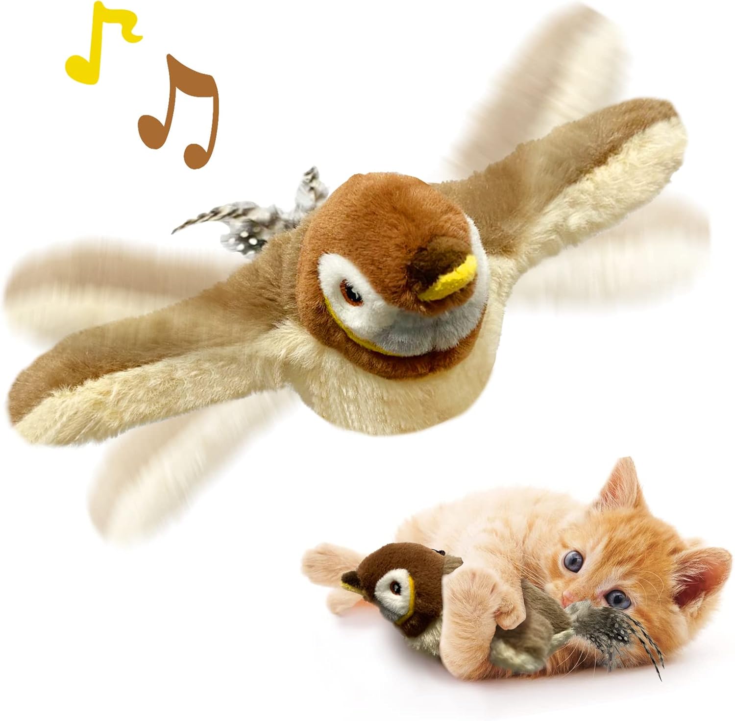 Plush bird toy with music notes and a cat playing with it on a white background at Pet Servo