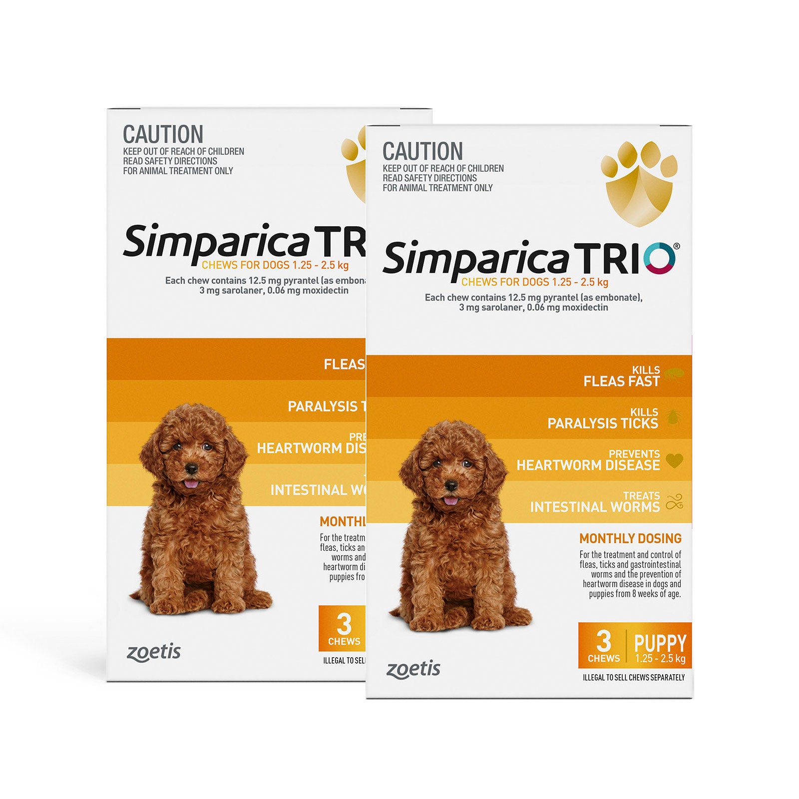 Simparica TR and Simparica TRIO packaging for small dogs on a white background