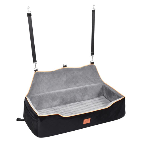 Pet car seat harness with gray cushion and black straps on a white background at Pet Servo