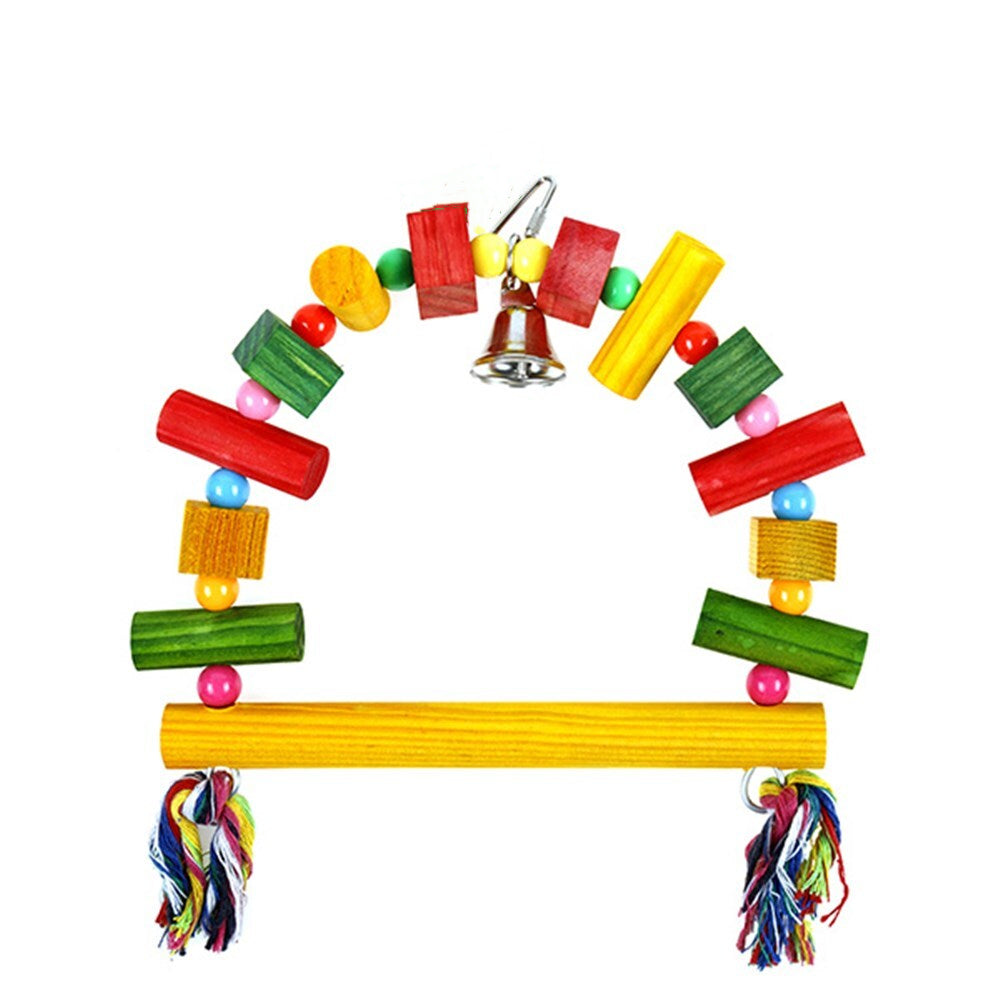 Colorful bird toy with wooden bars, beads, and a bell on a white background at Pet Servo