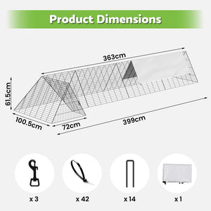 Product dimensions diagram of a tent-like structure with measurements and icons below.
