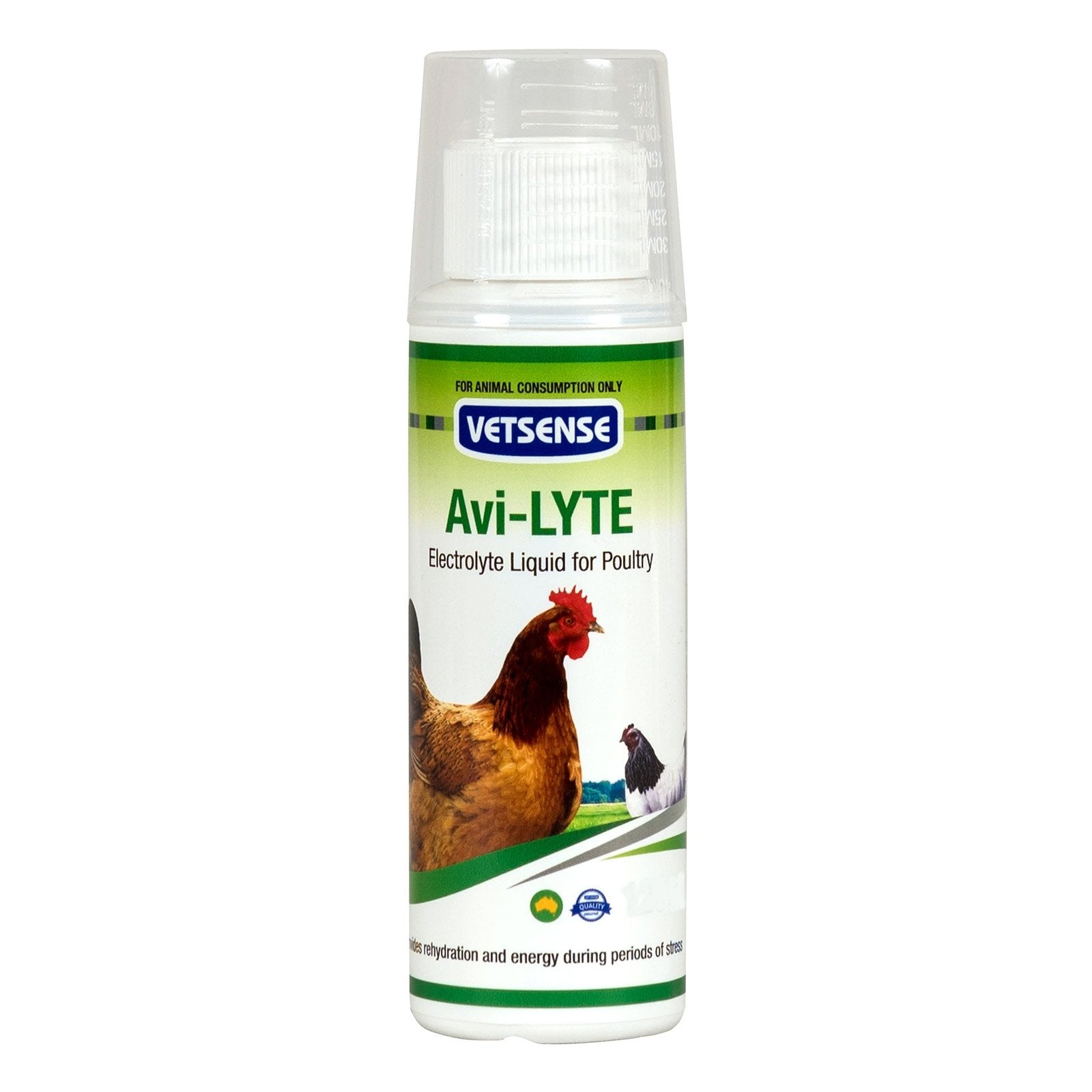 Vetsense Avi-Lyte electrolyte liquid for poultry on a white background at pet Servo