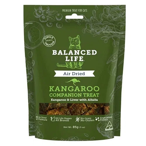 Green package of Balanced Life Kangaroo Companion Treat for cats on a white background at Pet Servo