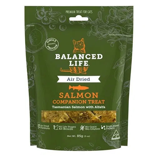 Balanced Life salmon companion treat packaging on a white background at Pet Servo