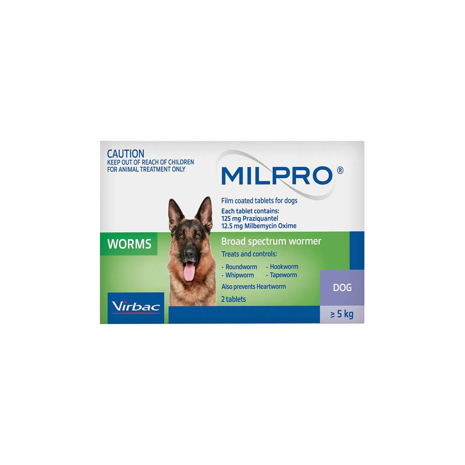 Milpro dog wormer packaging with a German Shepherd on a white background at Pet Servo