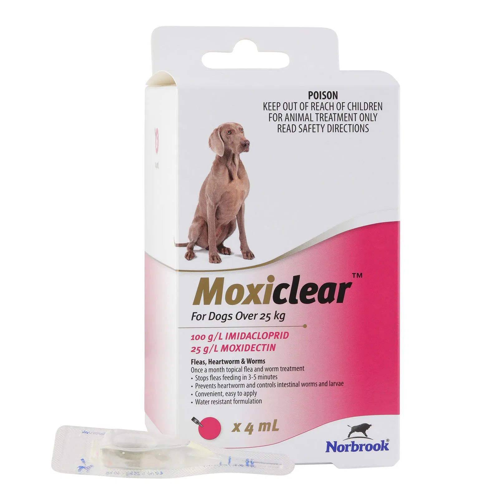 Moxiclear packaging for dogs over 25 kg with a brown dog illustration on a white background at Pt Servo